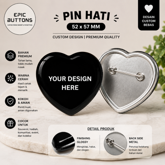 Custom Pin Hati Love 52x57mm Metal Back | Pin Badge Logo Nama Foto Komunitas Sekolah Seminar Event Souvenir
